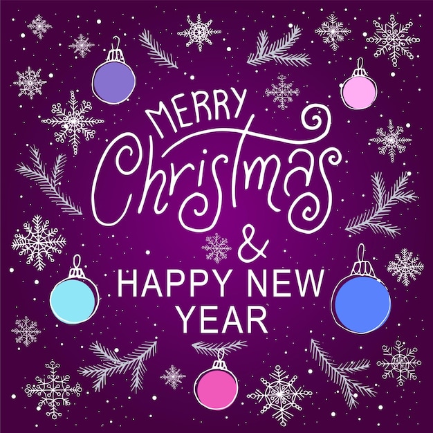 Vector tarjeta de felicitación de feliz navidad y feliz año nuevo con árbol de navidad y copos de nieve