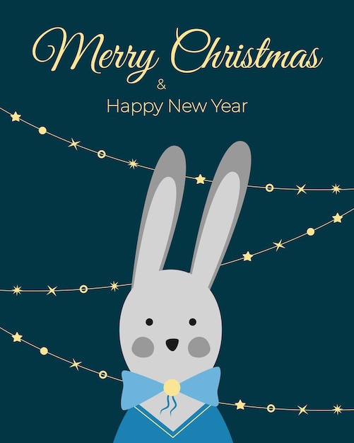 Tarjeta de felicitación de feliz Navidad y feliz año nuevo con conejo. Ilustración de vector de liebre.