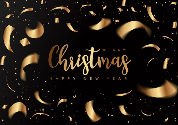 Tarjeta de felicitación de feliz Navidad y feliz año nuevo con confeti dorado