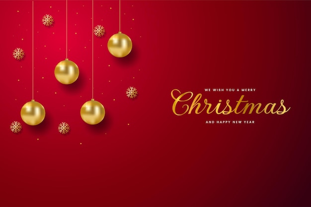 Vector tarjeta de felicitación feliz navidad en fondo rojo con bolas doradas, estrellas y brillo dorado.