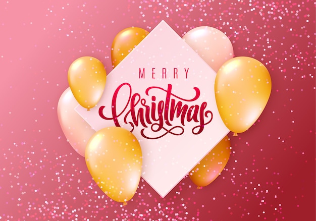 Tarjeta de felicitación de feliz Navidad con globos voladores brillantes realistas y confeti brillante