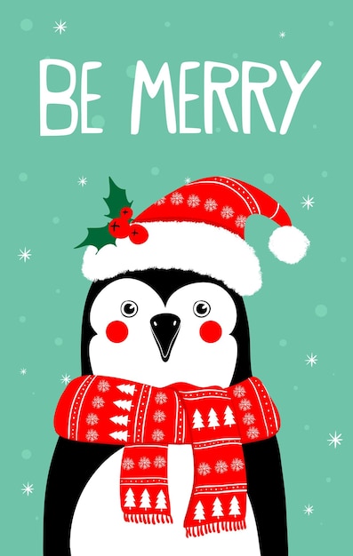 Tarjeta de felicitación de feliz Navidad con ilustraciones de vectores de caracteres de pingüino