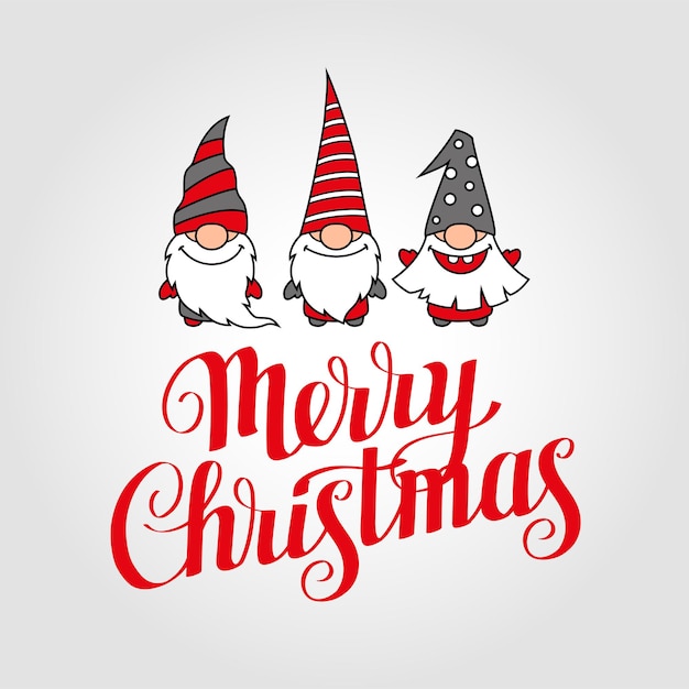 Tarjeta de felicitación de feliz Navidad con letras y gnomos lindos