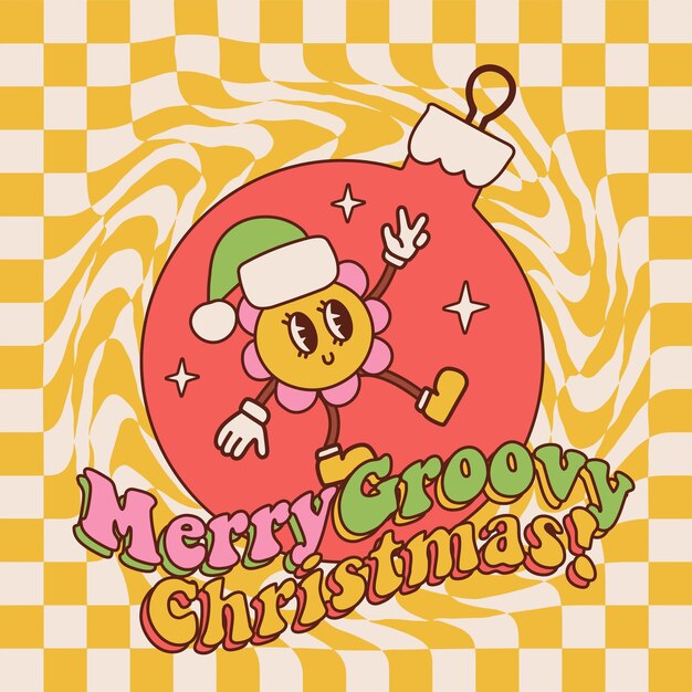 Tarjeta de felicitación de feliz navidad maravillosa con bola de adorno de árbol de navidad de personaje de flor de dibujos animados retro