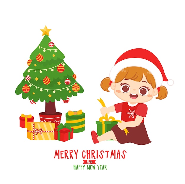 Tarjeta de felicitación de feliz navidad con niños lindos regalo de navidad abierto presente