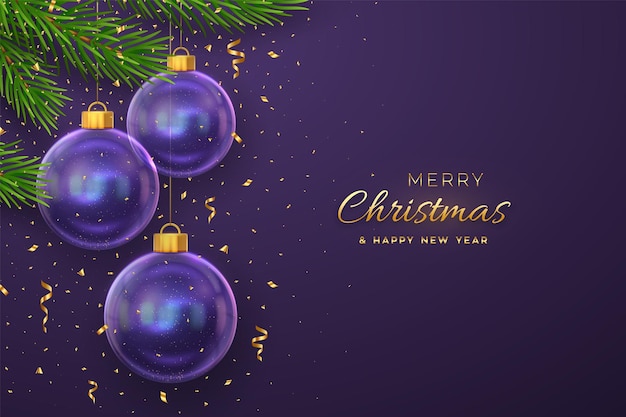 Tarjeta de felicitación de feliz navidad o pancarta Colgando bolas de vidrio transparentes ramas de pino sobre fondo púrpura con confeti dorado que cae Diseño 3d de Año Nuevo Adornos de Navidad de vacaciones Ilustración vectorial