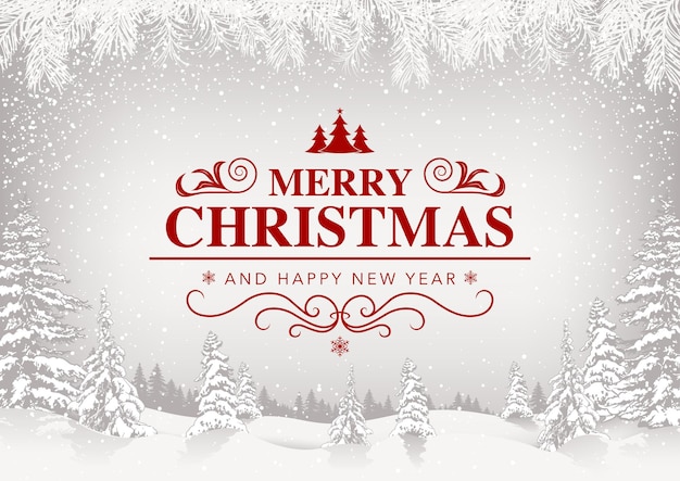 Tarjeta de felicitación de feliz Navidad con paisaje nevado blanco y letras rojas - Ilustración festiva con decoraciones invernales y nevadas, Vector
