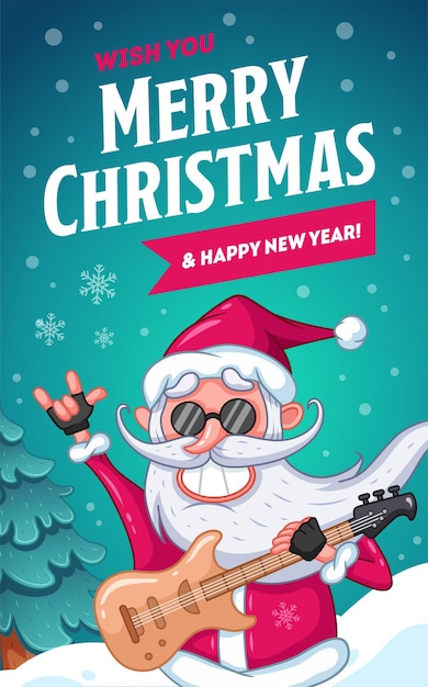 Tarjeta de felicitación de feliz Navidad, Papá Noel fresco con guitarra electrónica y gafas negras