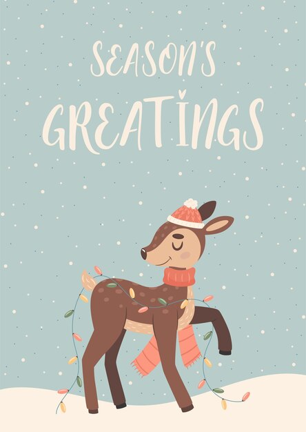 Tarjeta de felicitación de feliz Navidad con personaje de ciervo de dibujos animados lindo y fondo de invierno abstracto Vector