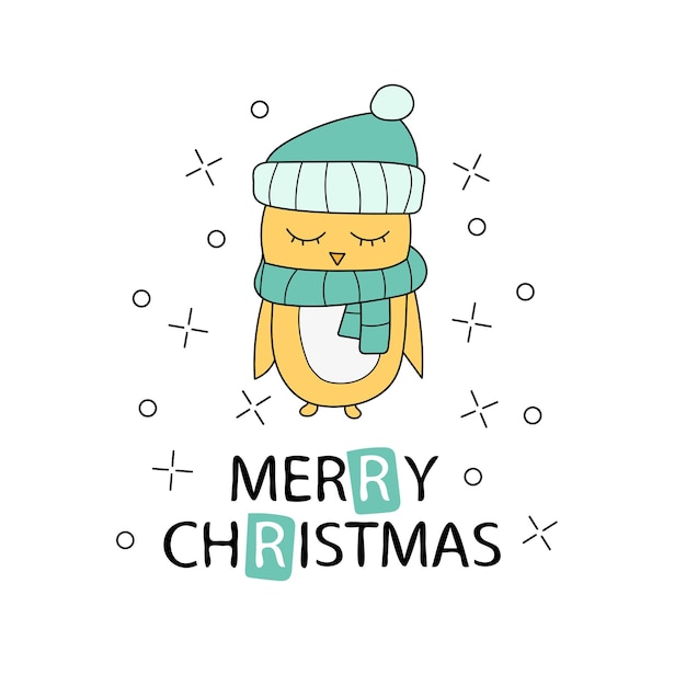 Tarjeta de felicitación de feliz navidad con pollo amarillo en icono de bufanda aislado en blanco. letras de texto. ilustración vectorial. plantilla para tarjetas de año nuevo y carteles de feliz navidad o impresión de garabatos