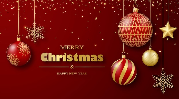 Tarjeta de felicitación de feliz Navidad y próspero año nuevo Bolas de cristal rojo y dorado y confeti