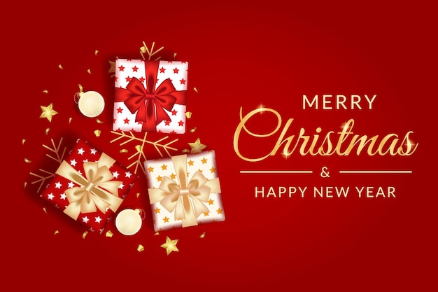 Tarjeta de felicitación de feliz navidad y próspero año nuevo con decoración roja realista