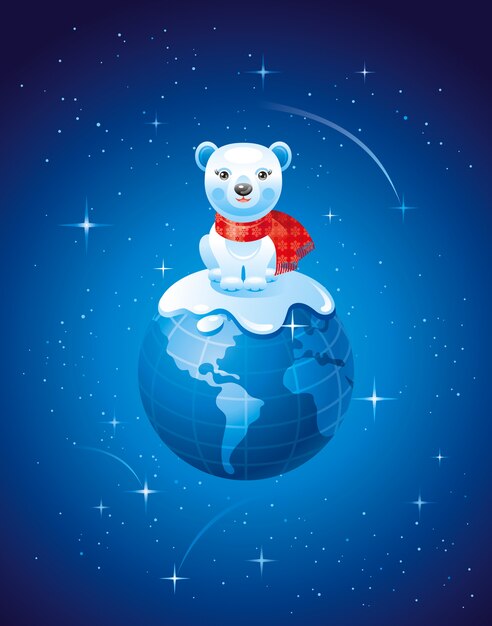 Tarjeta de felicitación de feliz Navidad con tierra y oso polar.