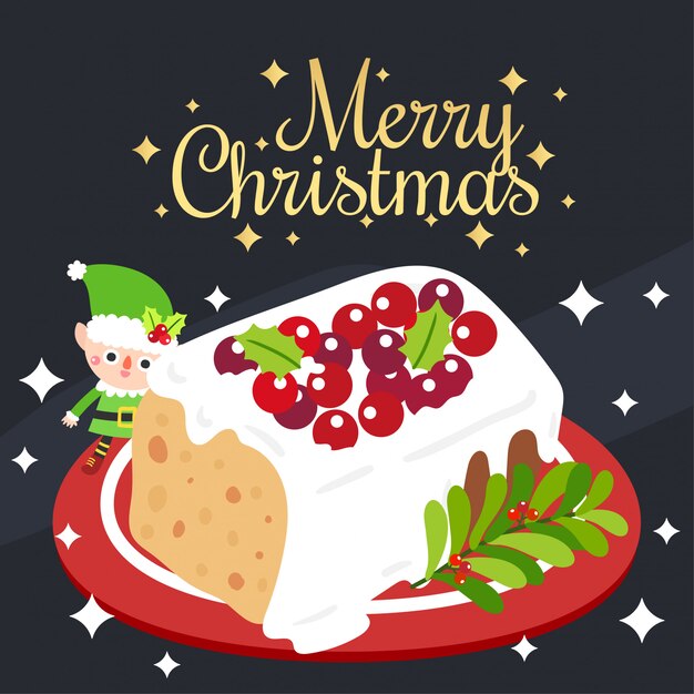 Tarjeta de felicitación de la feliz Navidad con la torta de la fruta de la Navidad.