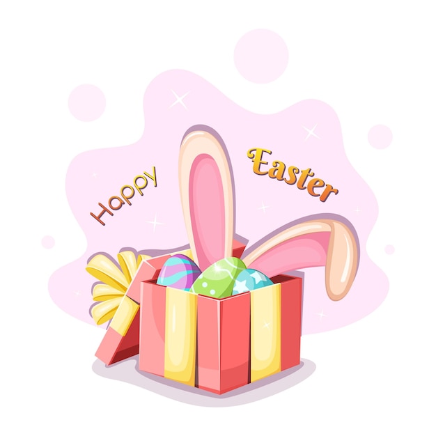 Tarjeta de felicitación Feliz Pascua Caja de regalo con lazo Huevos de Pascua y orejas de conejo