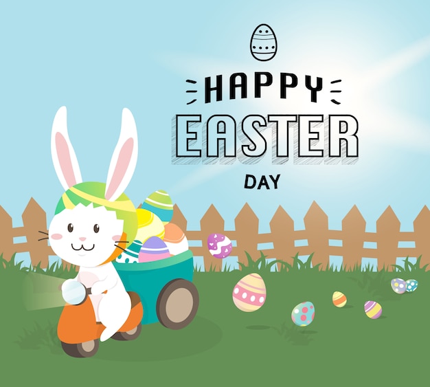 Tarjeta de felicitación feliz de Pascua, conejito lindo con los huevos de Pascua coloridos en campo de la primavera. Ilustración vectorial