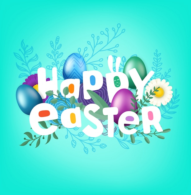 Tarjeta de felicitación feliz de Pascua con la inscripción cómica del estilo. Vector ilustración en capas