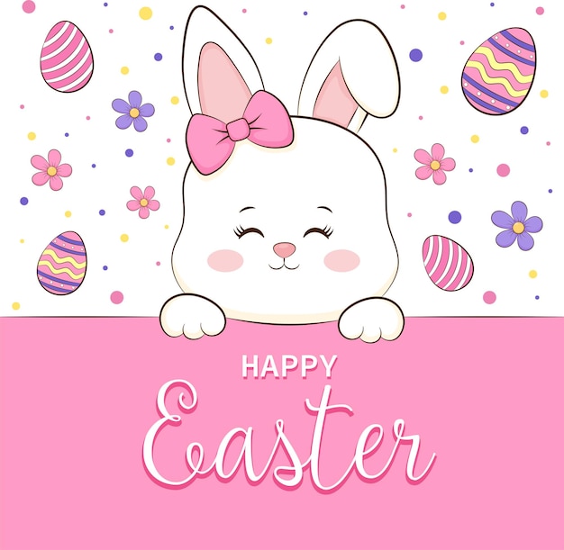 Vector tarjeta de felicitación feliz pascua con lindo conejito y huevos de pascua