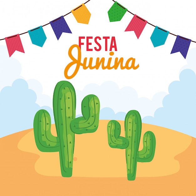 Tarjeta de felicitación de festa junina con cactus y guirnaldas colgantes