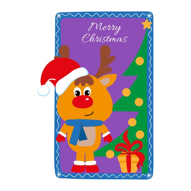 Vector tarjeta de felicitación festiva con abeto de venado de navidad y regalo en estilo plano bueno para tarjeta postal, póster, póster y decoración de la habitación de los niñosx9