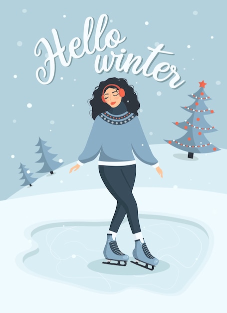 Tarjeta de felicitación festiva hola invierno con paisaje linda chica patinaje sobre hielo