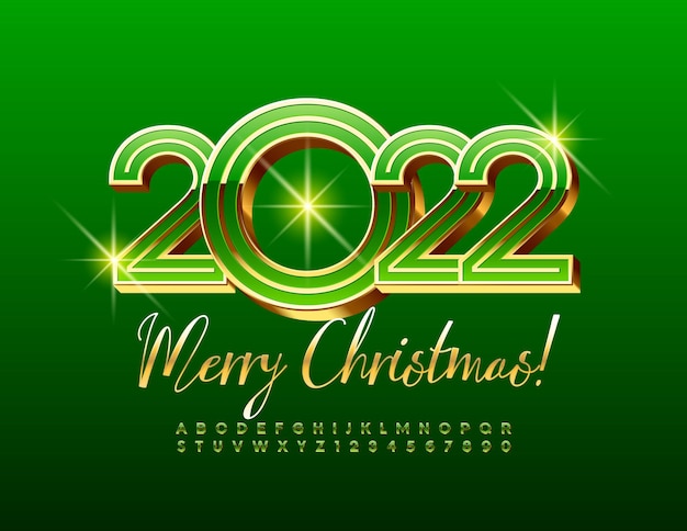 Tarjeta de felicitación festiva de vector feliz navidad 2022 conjunto de letras y números del alfabeto de oro 3d