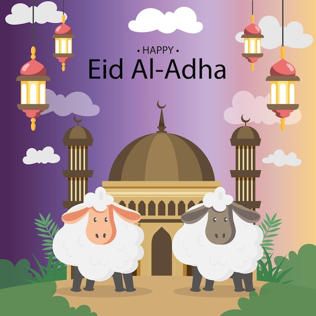 Tarjeta de felicitación del festival Eid Al Adha con ovejas sacrificiales y media luna en el fondo de la noche nublada