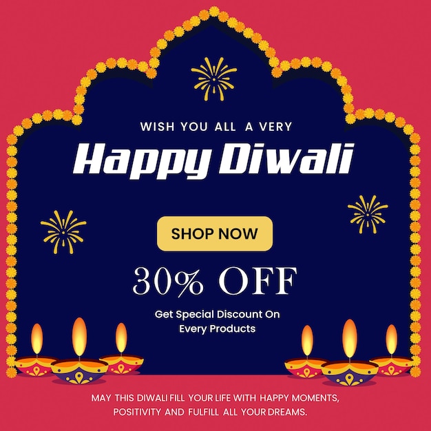 Tarjeta de felicitación del festival hindú Diwali, afiche, pancarta con hasta 30 de descuento. ilustración vectorial