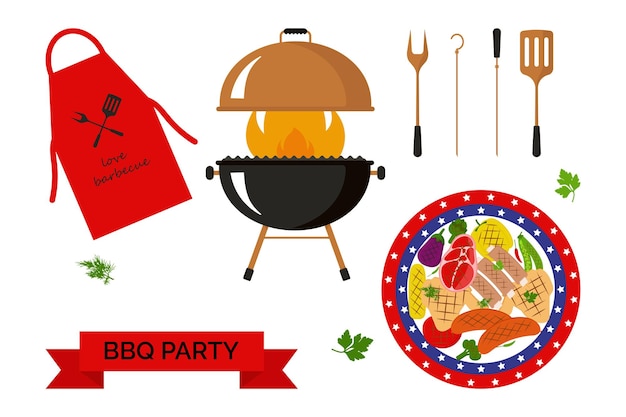 Tarjeta de felicitación de la fiesta de barbacoa del Día de la Conmemoración Comida de barbacoa de verano estadounidense Ilustración vectorial