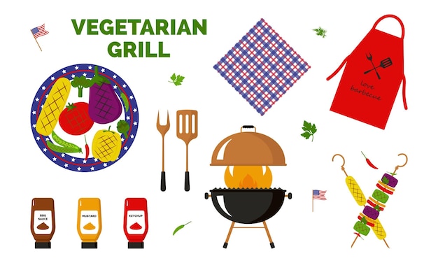Tarjeta de felicitación de la fiesta de barbacoa vegetariana del Día de los Caídos Comida de barbacoa de verano estadounidense Ilustración vectorial