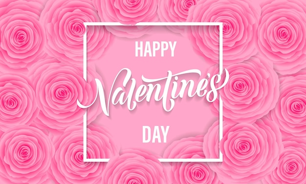 Tarjeta de felicitación floral del día de San Valentín de fondo de patrón de rosas rosadas y texto de letras.