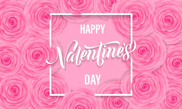 Vector tarjeta de felicitación floral del día de san valentín de fondo de patrón de rosas rosadas y texto de letras.