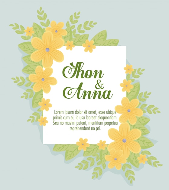 Tarjeta de felicitación con flores de color amarillo, invitación de boda con flores amarillas