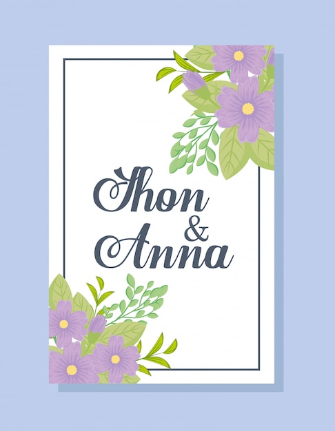 Tarjeta de felicitación con flores de color púrpura, invitación de boda con flores de color púrpura con decoración de ramas y hojas