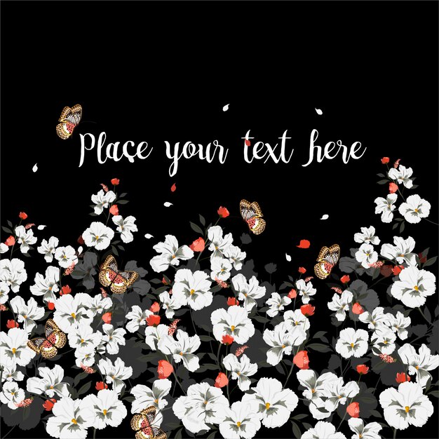 Tarjeta de felicitación con las flores florecientes con la mariposa. Flores silvestres, ilustración vectorial