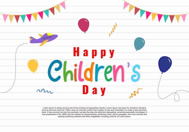 Tarjeta de felicitación de fondo del día de los niños felices con globos de avión y adornos de fiesta