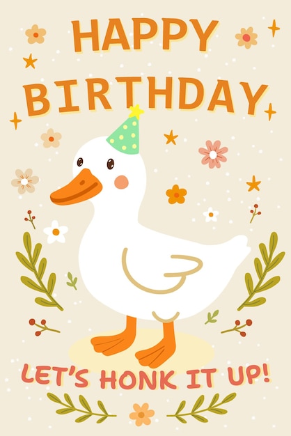 Tarjeta de felicitación con ganso blanco con gorra de cumpleaños y letras vamos a tocar la bocina divertida tarjeta de aniversario