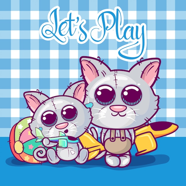 Tarjeta de felicitación gatitos niño y niña en un fondo de juguetes