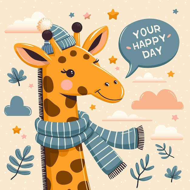 Tarjeta de felicitación con una girafa de dibujos animados linda Ilustración vectorial