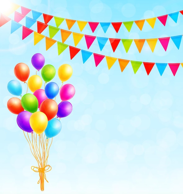 Tarjeta de felicitación con globos de colores y banderas