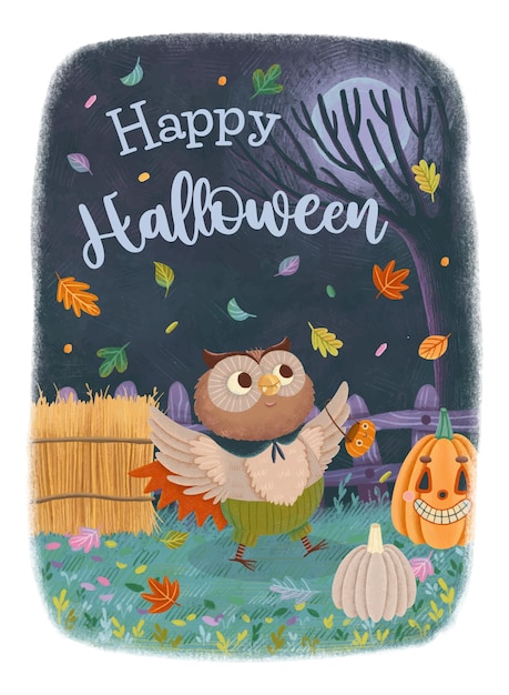 Tarjeta de felicitación de Halloween con un búho en disfraz de vampiro en el fondo nocturno con calabazas
