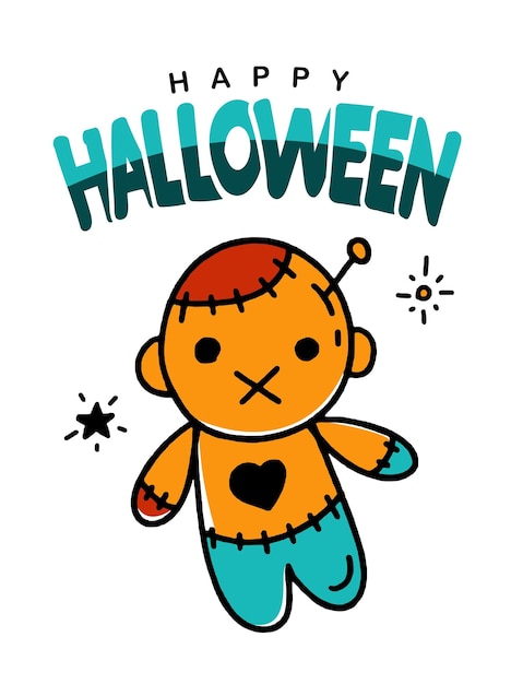 Tarjeta de felicitación de halloween cartel banner con muñeco vudú vector diseño ilustración doodle estilo