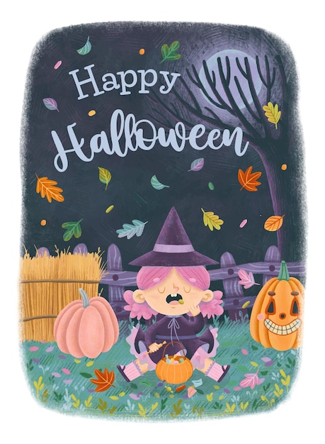 Tarjeta de felicitación de Halloween con una chica bruja comiendo dulces en el fondo de la noche con la pila de heno cayendo