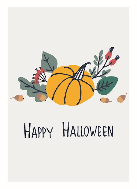 Tarjeta de felicitación de Halloween Ilustración vectorial con calabaza y letras Frase de saludo con letras a mano