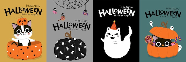 Tarjeta de felicitación de halloween con un lindo gato en disfraz de bruja y una calabaza decorada