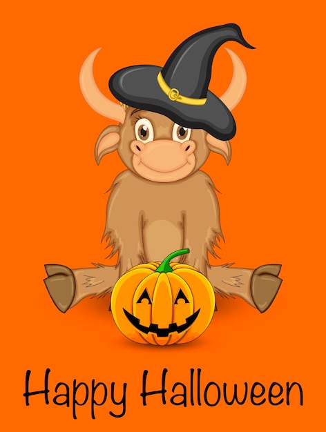 Tarjeta de felicitación de Halloween con lindo gobio. Estilo de dibujos animados. Ilustración vectorial.
