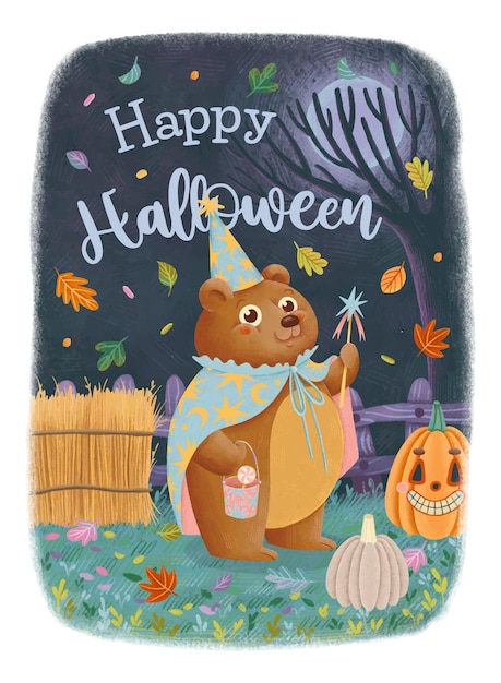 Tarjeta de felicitación de Halloween con un mago oso feliz con una varita mágica en el fondo nocturno con calabazas