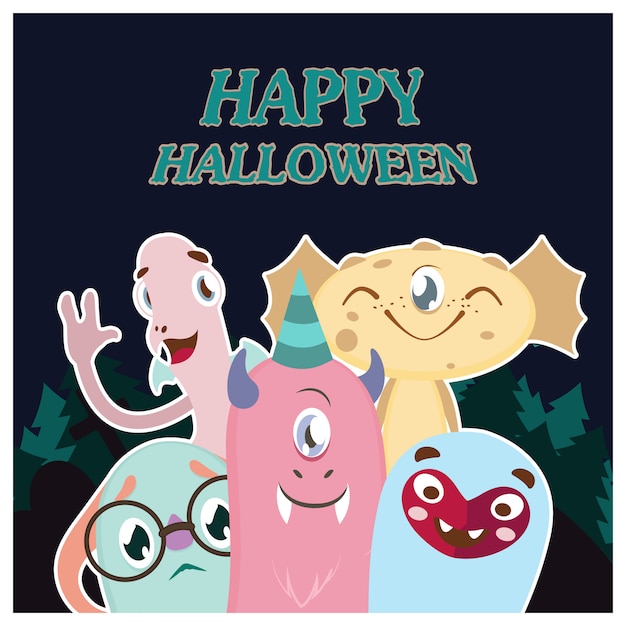 Tarjeta de felicitación de halloween con monstruos coloridos