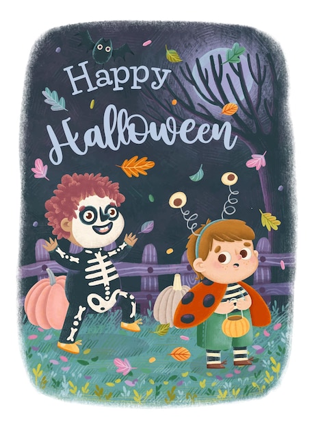 Tarjeta de felicitación de Halloween con un niño esqueleto bailando y un niño insecto asustado en un fondo nocturno