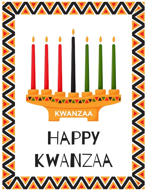 Tarjeta de felicitación Happy Kwanzaa con portavelas tradicional Kinara con 7 velas que simbolizan los principios de Kwanzaa Frame con patrones de triángulos africanos Ilustración de vector de color en blanco